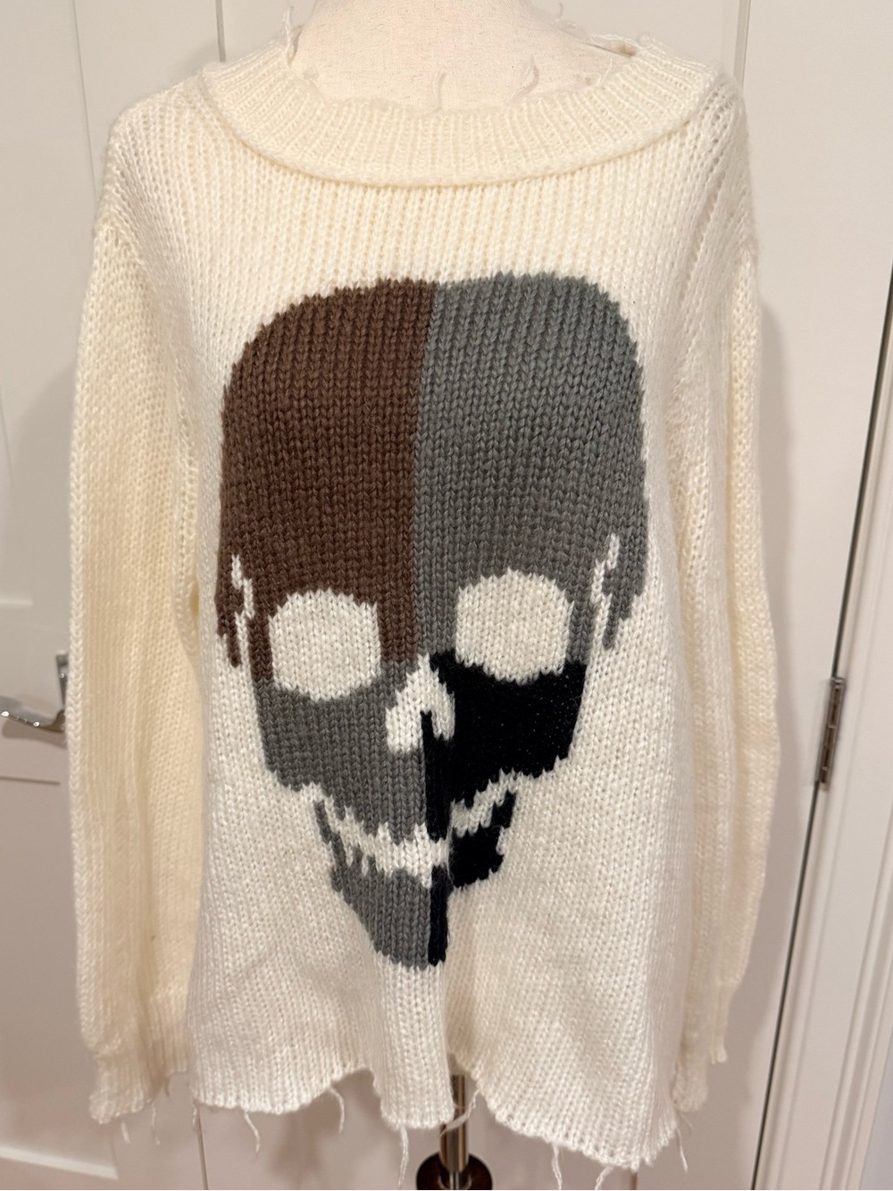 Wooden Ships Ivory Crewneck Sweater with Brown and Gray Skull